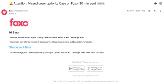 Email notification missed urgent priority case